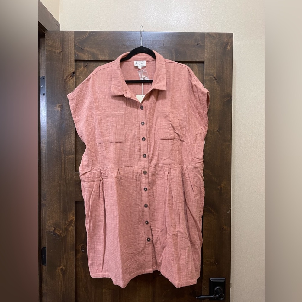 NWT Rose Color Gauze Button Up Short Sleeve Dress-L